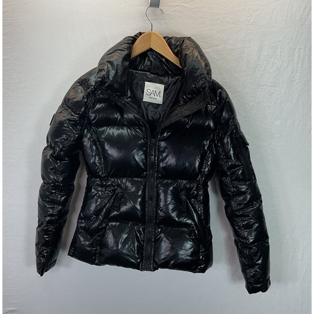 SAM. New York Women Freestyle Shiny Puffer Jacket Black Goose Down Sz XS Luxury